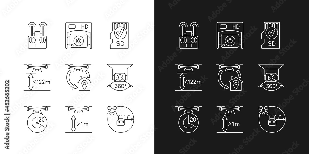 Poster drone care linear manual label icons set for dark and light mode. flight height. customizable thin l