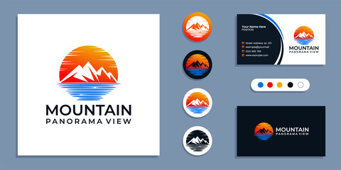 Mountain with sea, panorama of beach logo and business card design template inspiration