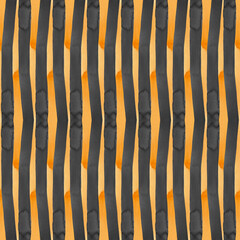 Seamless abstract pattern of black stripes on orange. Fabric, digital paper, wallpaper, wrapping packaging design. Watercolor hand painted isolated elements on white background.