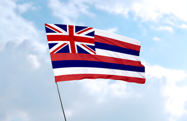 Flag of Hawaii in front of blue sky, realistic 3D rendering