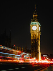 Long exposure shot of nightlights in a London street at Big Ben