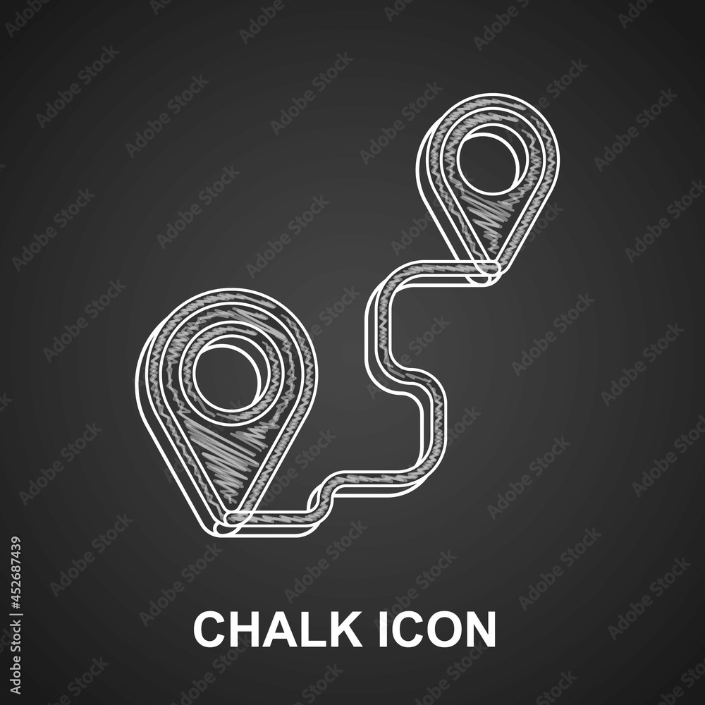 Poster chalk route location icon isolated on black background. map pointer sign. concept of path or road. g