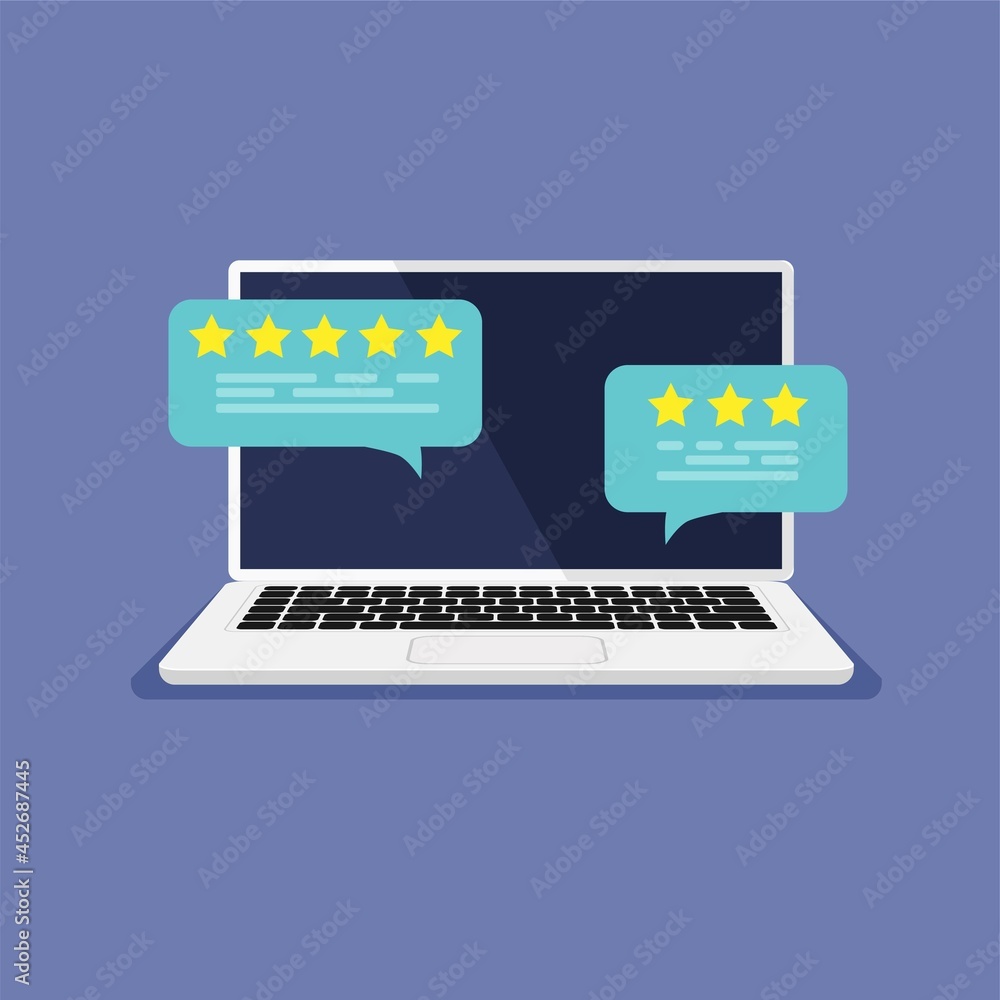Aufkleber laptop with reviews rate on the screen. review rating bubble speeches on computer display. bubble sp