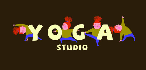redhead girl doing different yoga asanas. logo, poster for yoga studio.