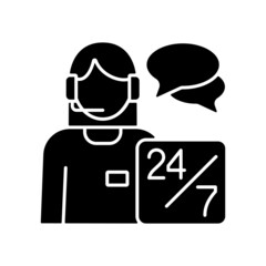 Customer support black glyph icon. Clients assistance. Person with headset. Online consultant. Customer and business interaction. Silhouette symbol on white space. Vector isolated illustration