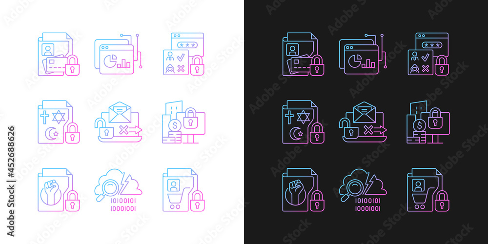 Poster personal information gradient icons set for dark and light mode. financial data. analytical tool. th