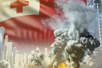 huge smoke column with fire in the modern city - concept of industrial catastrophe or terrorist act on Tonga flag background, industrial 3D illustration