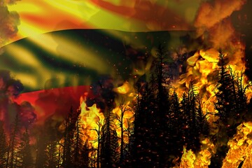 Big forest fire fight concept, natural disaster - flaming fire in the trees on Lithuania flag background - 3D illustration of nature