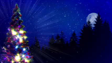 Fototapeta na wymiar decorated christmas tree and night forest with free space - conceptual abstract 3D rendering