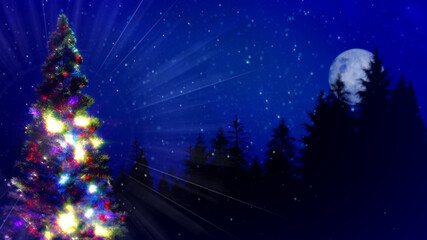 Fototapeta premium decorated christmas tree and night forest with free space - conceptual abstract 3D rendering