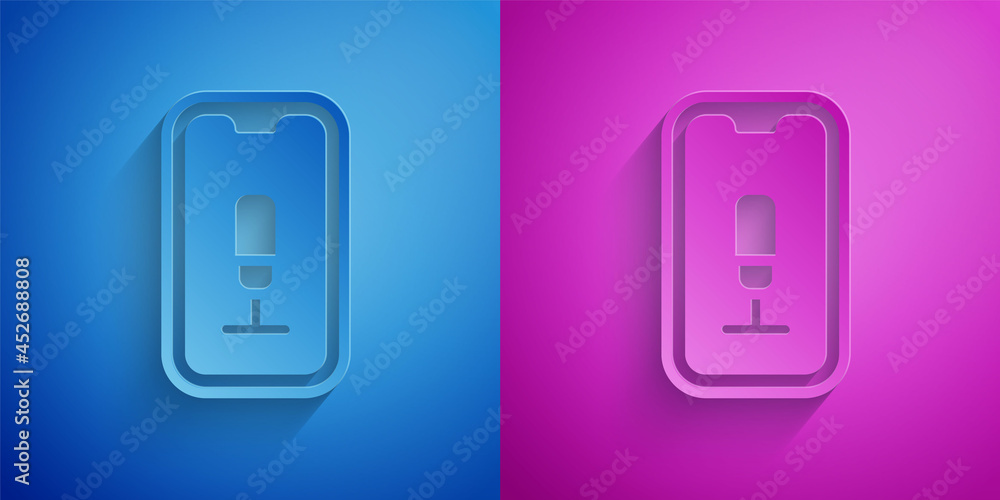 Poster paper cut mobile recording icon isolated on blue and purple background. mobile phone with microphone