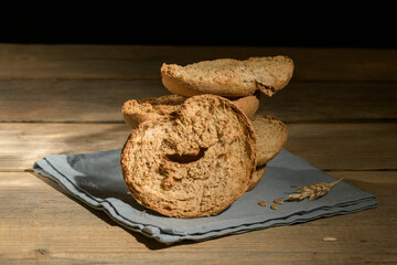 Tipical summer appetizer dish of Puglia - friselle. Classical apulian dried bread called freselle. Healthy vegetarian food, close up, selective focus