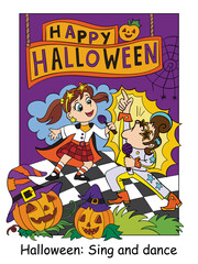 Halloween illustration children in costumes of retro singers