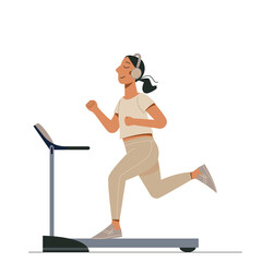 Vector cartoon person on a running track. Stylish woman with headphones jogging. A girl used sports simulator.