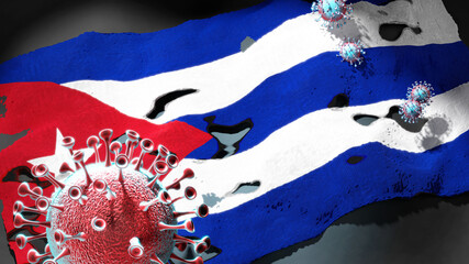 Covid in Cuba - coronavirus attacking a national flag of Cuba as a symbol of a fight and struggle with the virus pandemic in this country, 3d illustration