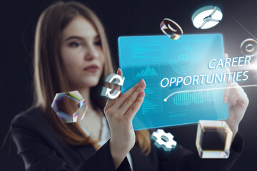 Business, Technology, Internet and network concept. Young businessman working on a virtual screen of the future and sees the inscription: Career opportunities