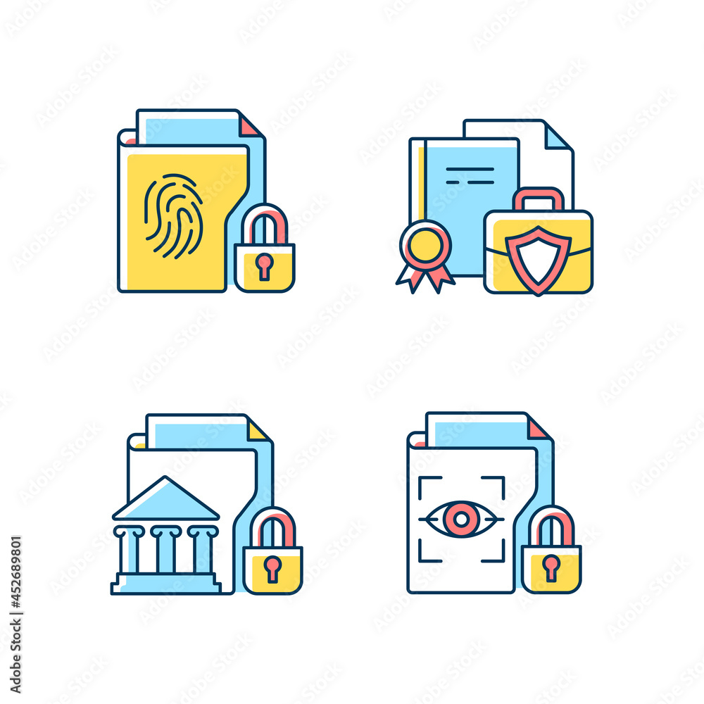 Poster personal sensitive data rgb color icons set. business information. government material. unauthorized