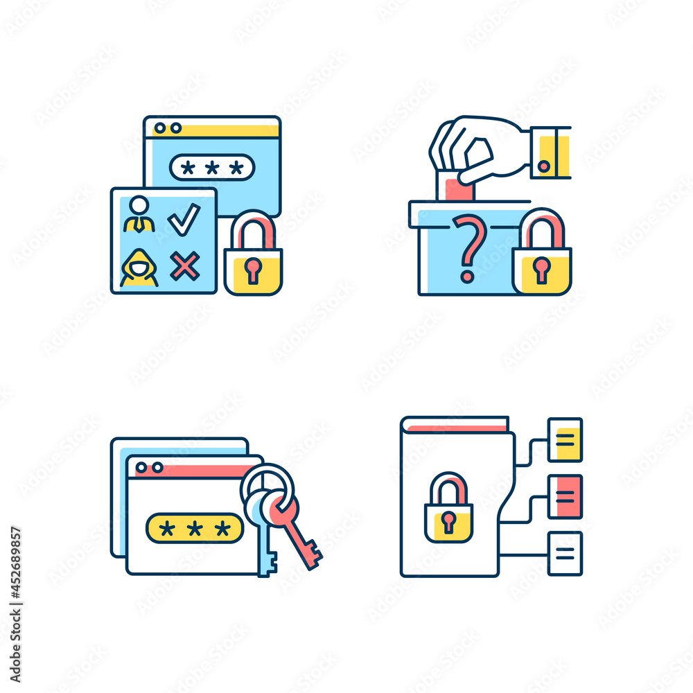 Poster data sensitivity rgb color icons set. security technique. political affiliation. password management