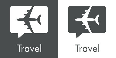 Logotipo con texto Travel y silueta de avión en burbuja de habla en fondo gris y fondo blanco