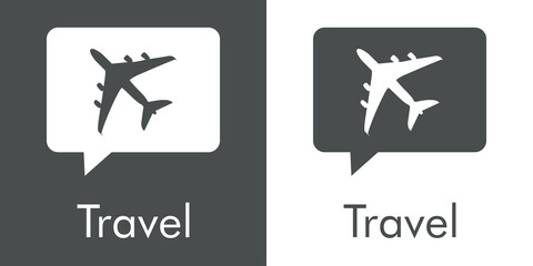 Logotipo con texto Travel y silueta de avión en burbuja de habla en fondo gris y fondo blanco