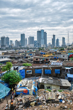 View of Mumbai skyline over slums in Bandra suburb