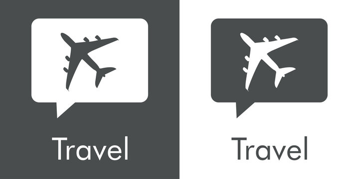 Logotipo con texto Travel y silueta de avi&oacute;n en burbuja de habla en fondo gris y fondo blanco