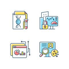 Sensitive data types RGB color icons set. Genetic information. Company risk scoring. Data intelligence platform. HTTP cookie. Isolated vector illustrations. Simple filled line drawings collection