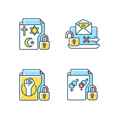 Data confidentiality RGB color icons set. Religious beliefs info. Unencrypted email. Trade union membership. Sexual orientation. Isolated vector illustrations. Simple filled line drawings collection