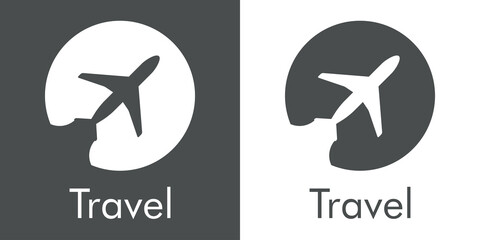 Logotipo con texto Travel y silueta de avión con trayectoria en círculo en fondo gris y fondo blanco