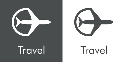 Logotipo con texto Travel y silueta de avión en círculo con lineas en fondo gris y fondo blanco