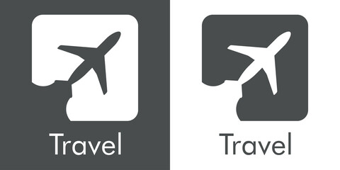 Logotipo con texto Travel y silueta de avión con trayectoria en cuadrado en fondo gris y fondo blanco