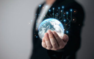 Global network connection. Concept of digital business big data connection. Businessmen hold virtual worlds. Elements of this image furnished by NASA