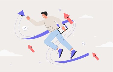 Business vision, strategy success concept. Launching a business project, businessman on the way to a goal, successful startup. Flat style vector illustration.