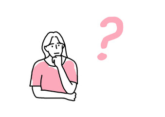 顎に手をやり疑問を持つ女性の線画イラスト