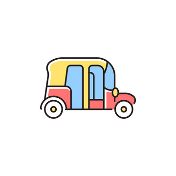 Auto rickshaw RGB color icon. Three-wheeler taxi. Passenger car equivalent. Urban transport. Thai tuk-tuk. Three-wheeled, motorized vehicle. Isolated vector illustration. Simple filled line drawing