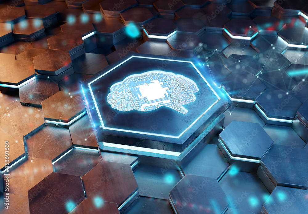 Fototapete brain icon concept engraved on metal hexagonal pedestral background. artificial intelligence symbol 