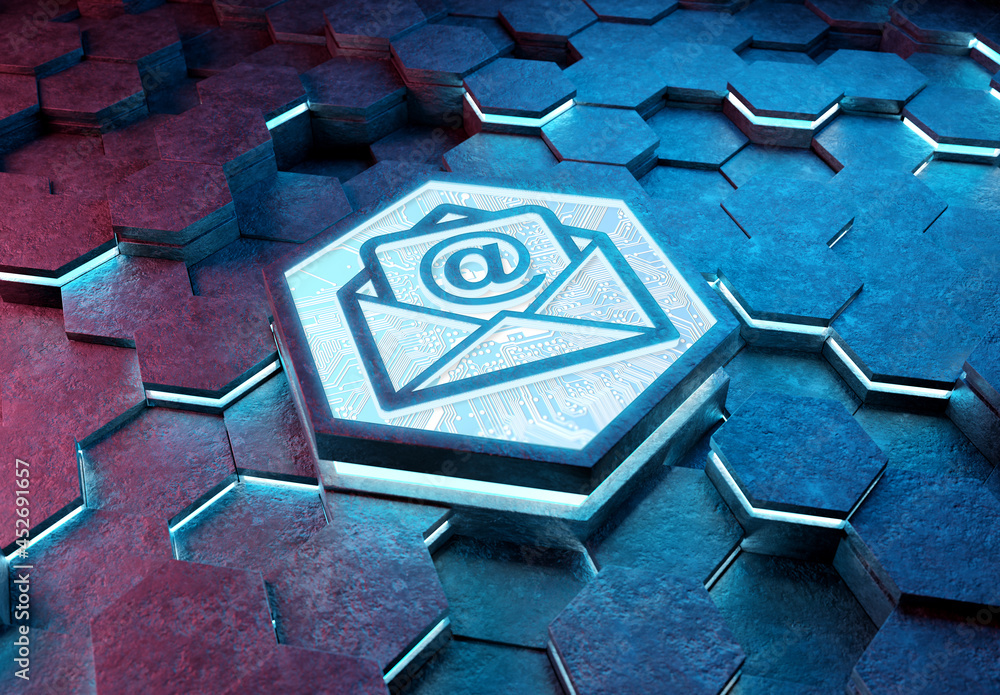 Aufkleber Email icon concept engraved on hexagonal pedestral background. Mail Logo glowing on abstract digital surface. 3d rendering