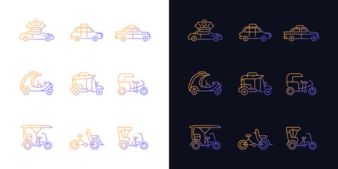 Taxicab types gradient icons set for dark and light mode. Personal driver. London cab. Rickshaw. Thin line contour symbols bundle. Isolated vector outline illustrations collection on black and white