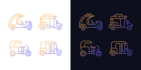 Transporting passengers business gradient icons set for dark and light mode. Rickshaw vehicle. Thin line contour symbols bundle. Isolated vector outline illustrations collection on black and white