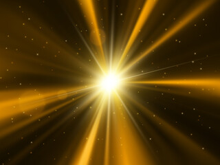 Light effect. Star burst with sparkles. Gold glitter star. Vector background