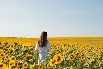 Fototapeta na wymiar woman from behind in a hat in a field of sunflowers