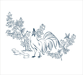 Fototapeta na wymiar rooster japanese chinese design sketch ink paint style card background peasant landsape birds chicken lespedeza