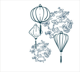 japanese vector sketch illustration engraved chinese paper lights lantern card sakura - 452693206
