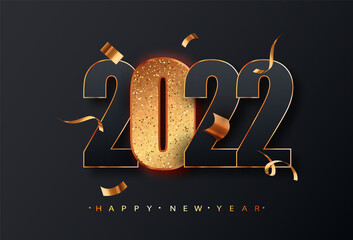 2022 New Year sign. Black numbers 2022 with golden glitter numbers on black background. Vector luxury text 2022 Happy new year