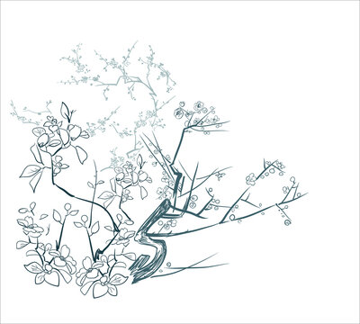 sakura flower japanese chinese design sketch ink paint style card background