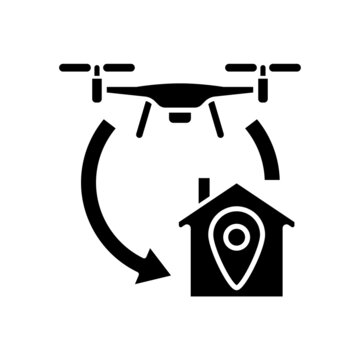 Return to home function black glyph manual label icon. Autonomous flight feature. Flying to RTH location. Silhouette symbol on white space. Vector isolated illustration for product use instructions