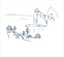 mountains nature landscape view vector sketch illustration japanese chinese oriental line art