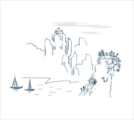 mountains sea boats nature landscape view vector sketch illustration japanese chinese oriental line art