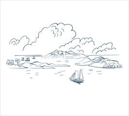 sea islans nature landscape view vector sketch illustration japanese chinese oriental line art