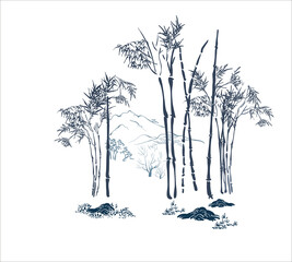 bamboo forest mountains nature landscape view vector sketch illustration japanese chinese oriental line art